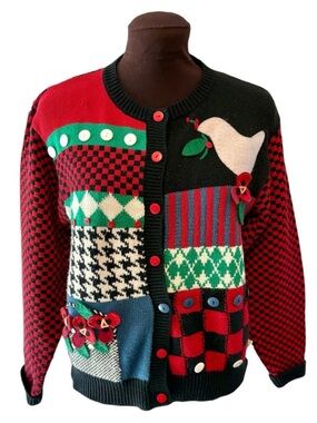 Vintage Susan Bristol Patchwork Cardigan with Dove & Floral Appliqué size Small